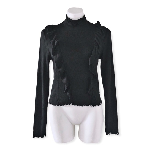 June & Hudson Mock Neck Sweater w/Ruffles Black w/ White Trim Size XL New w/Tag - Picture 1 of 8